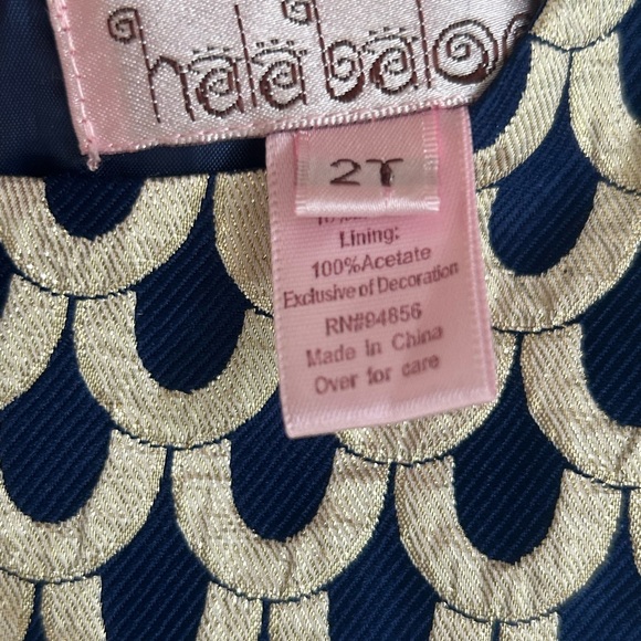 Halabaloo navy/gold holiday dress. Cap sleeve, full skirt, navy velvet tie. 2T - Picture 7 of 15